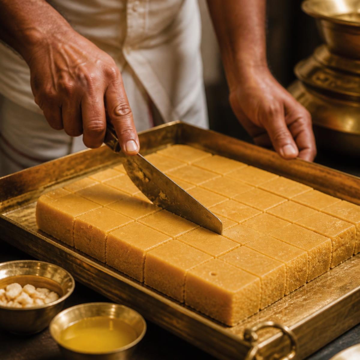 Sweet maker slicing fresh Mysore Pak in a brass tray